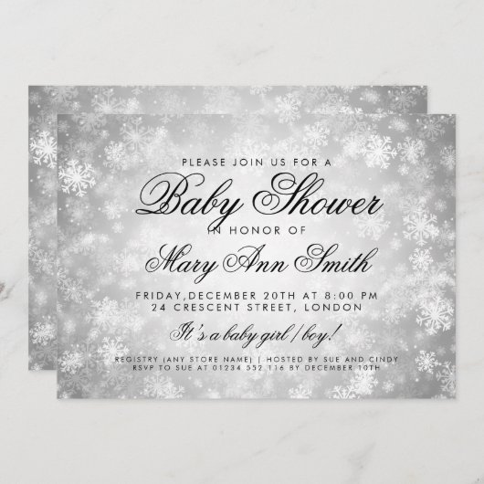 ウィンターワンダーランド赤ちゃんシャワーシルバー 招待状 (正面/裏面)