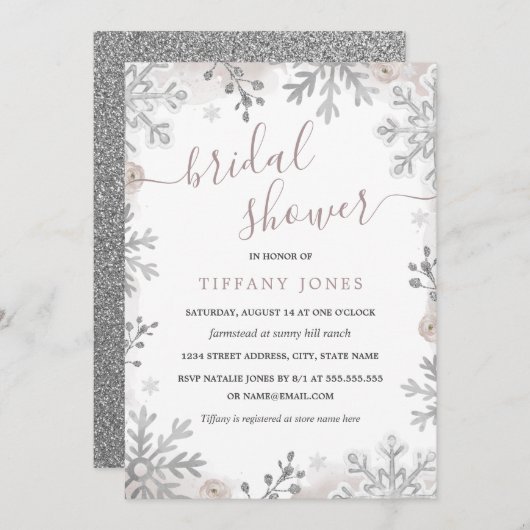 ウィンターワンダーランド赤面シルバーブライダルシャワー 招待状 (正面/裏面)