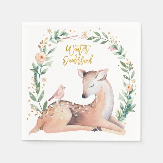 ウィンターワンダーランド金ゴールドディアグリーナリーウッドランド スタンダードカクテルナプキン (正面)
