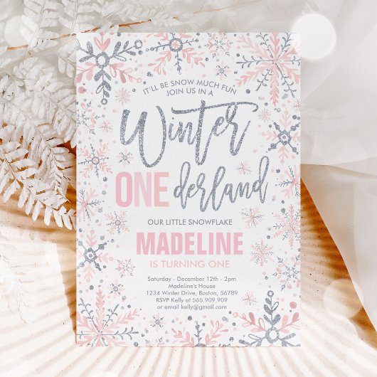 ウィンターワンダーランド銀スノーフレーク1歳の誕生日 招待状