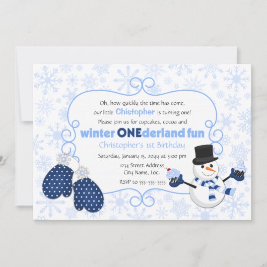 ウィンターワンダーランド雪だるま誕生日 招待状 (正面)