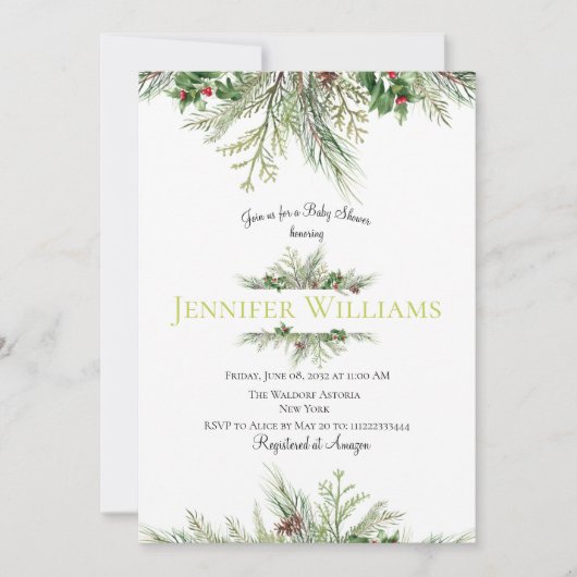 ウィンターワンダーランド額縁リースベリーベビーシャワー 招待状 (正面)