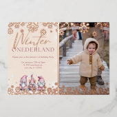 ウィンターワンダーランド1歳の誕生日招待状の女の子 箔招待状 (正面)