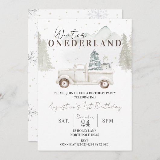 ウィンターワンダーランド1st誕生日、ボーイファースト誕生日 招待状 (正面/裏面)