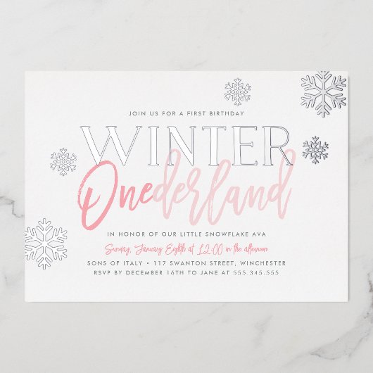 ウィンターワンダーランド1thバースデーピンクシルバー 箔招待状 (正面)