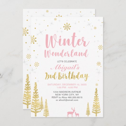 ウィンターワンダーランド2nd誕生日招待状 – 少女 招待状 (正面/裏面)