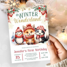 ウィンターワンダーランド かわいい雪と動物 1歳の誕生日