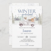 ウィンターワンダーランド、ウィンターボーイズファースト誕生日 招待状 (正面/裏面)