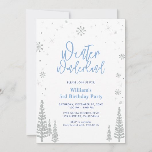 ウィンターワンダーランド – シルバーボーイ誕生日招待状 招待状 (正面)