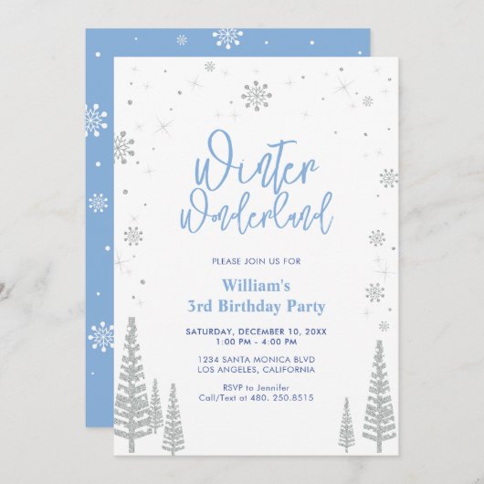 ウィンターワンダーランド – シルバーボーイ誕生日招待状 招待状 (正面/裏面)