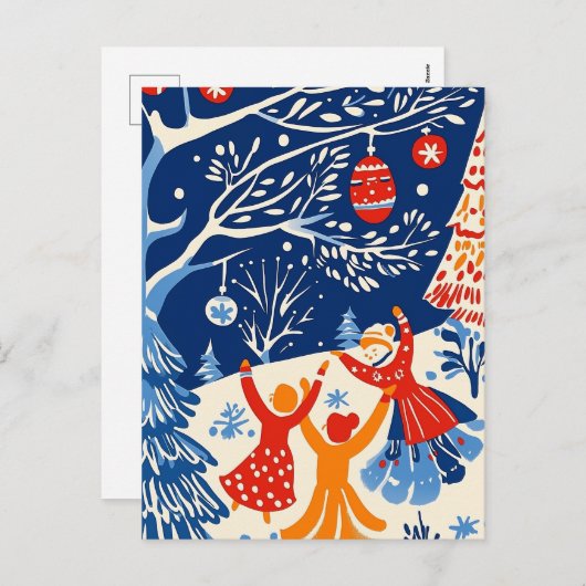 ウィンターワンダーランド,スノーエンジェル,ホリデーフォークアート シーズンポストカード (正面/裏面)