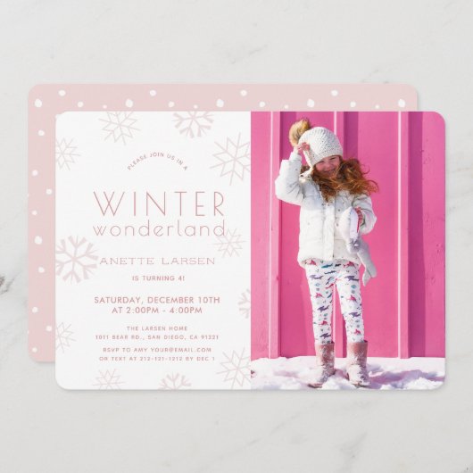 ウィンターワンダーランド ピンクガール フォト バースデー 招待状 (正面/裏面)