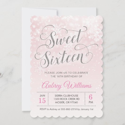 ウィンターワンダーランドSweet sixteenピンクガール誕生日 招待状 (正面)
