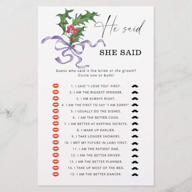 ウィンター彼は彼女はブライダルシャワーゲームと言った (正面)