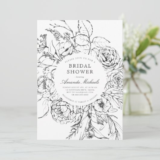 ウィンター白黒ミニマリストフローラブライダルシャワー 招待状 (スタンド正面)