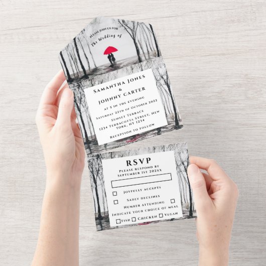 ウィンター素朴ウッドカップル樺の木カントリー オールインワン招待状 (貼ってはがせる)