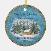 ウィンター素朴キャビン初めてのクリスマスニューホームフォト セラミックオーナメント (正面)