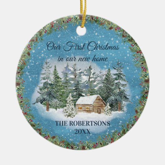 ウィンター素朴キャビン初めてのクリスマスニューホームフォト セラミックオーナメント (正面)