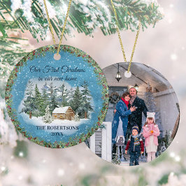 ウィンター素朴キャビン初めてのクリスマスニューホームフォト セラミックオーナメント