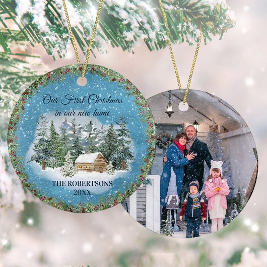 ウィンター素朴キャビン初めてのクリスマスニューホームフォト セラミックオーナメント