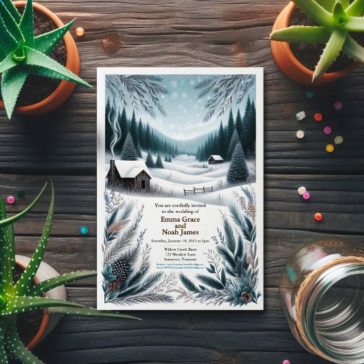 ウィンター素朴キャビン結婚式招待状 招待状