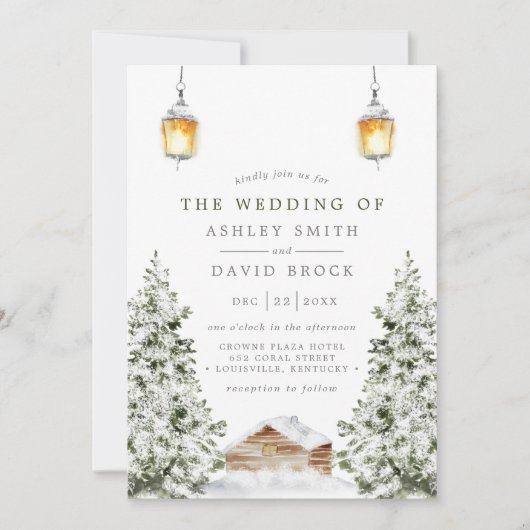 ウィンター素朴キャビン雪パイン結婚ズ 招待状 (正面)