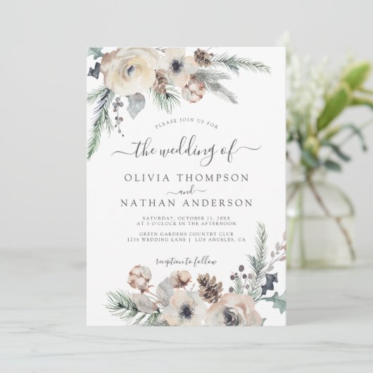 ウィンター素朴パイン植物性モノグラム結婚ズ 招待状 (スタンド正面)