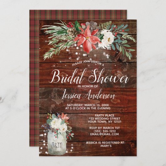 ウィンター素朴ホリデーライトフローラブライダルシャワー 招待状 (正面/裏面)