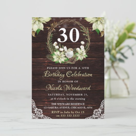 ウィンター素朴ホワイトロビン&ホリーリース誕生日 招待状 (スタンド正面)