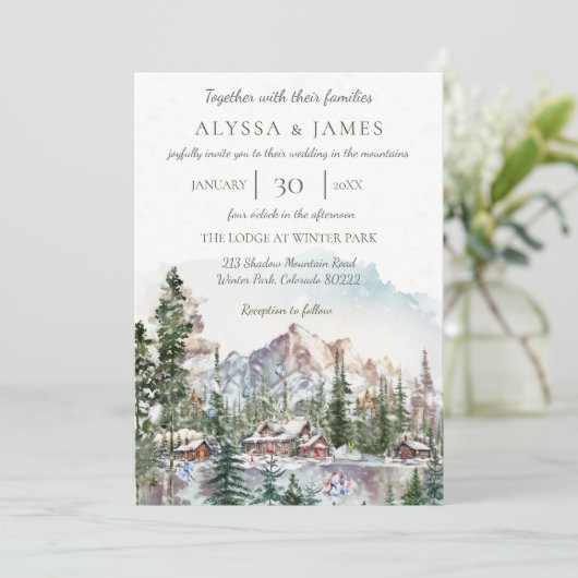 ウィンター素朴マウンテンロッジ結婚式招待状 招待状 (スタンド正面)