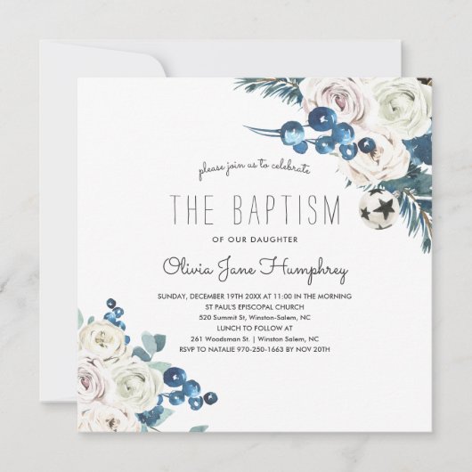 ウィンター花模様バプティスマ招待状 招待状 (正面)