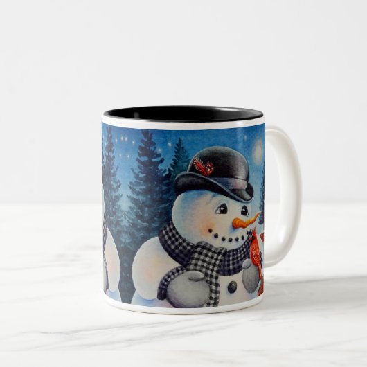 ウィンター雪だるま&レッド（鳥）ショウジョウコウカンチョウバードウォーターカラーアート ツートーンマグカップ (正面右)