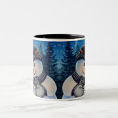 ウィンター雪だるま&レッド（鳥）ショウジョウコウカンチョウバードウォーターカラーアート ツートーンマグカップ (中央)