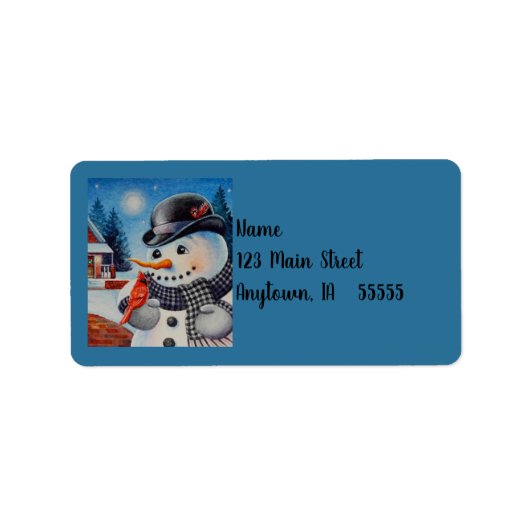 ウィンター雪だるま&レッド（鳥）ショウジョウコウカンチョウバードウォーターカラーアート ラベル (正面)