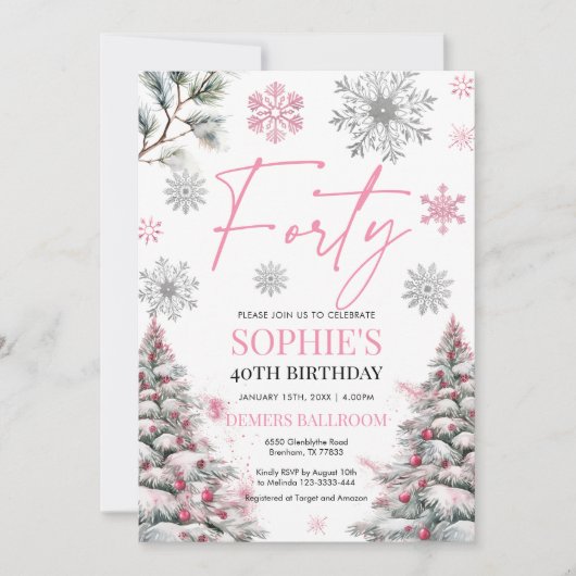 ウィンター40誕生日招待状ピンクとシルバー 招待状 (正面)