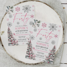 ウィンター40誕生日招待状ピンクとシルバー