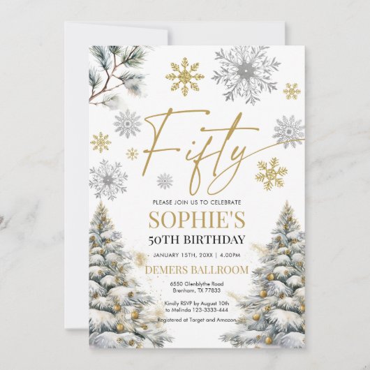 ウィンター50誕生日招待状金ゴールドとシルバー 招待状 (正面)