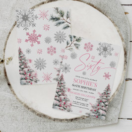 ウィンター60誕生日招待状ピンクとシルバー 招待状