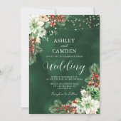 ウィンター エバーグリーンとバーズ エメラルド ウェディング 招待状 (正面)