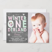ウィンター·オンダーランド誕生日パーティー招待状ミントピンク 招待状 (正面)