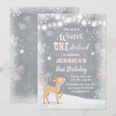ウィンター·オンダーランド誕生日招待状ミント·ピンク·シカ 招待状 (正面/裏面)