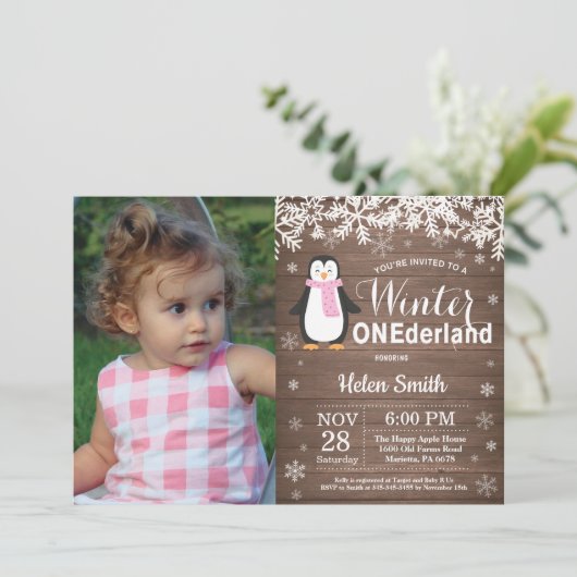 ウィンター・オンデ素朴ーランド・ペンギンガール1歳の誕生日 招待状 (スタンド正面)