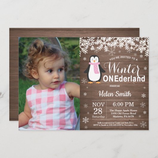 ウィンター・オンデ素朴ーランド・ペンギンガール1歳の誕生日 招待状 (正面/裏面)