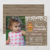 ウィンター・オン素朴ダーランド・ガール1歳の誕生日 招待状 (正面/裏面)