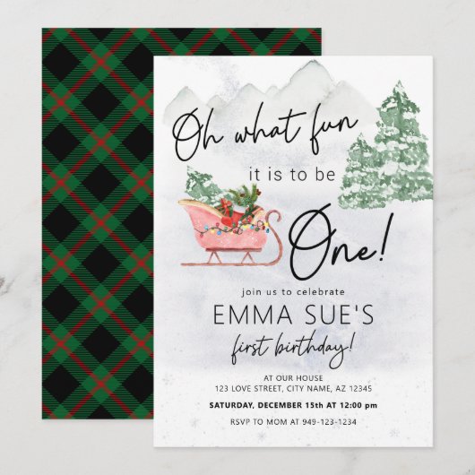 ウィンター オー ワット ファン クリスマス スレイ ファースト バースデー 招待状 (正面/裏面)