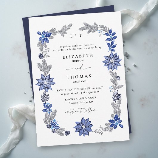 ウィンター・クリスマス・ネイビーブルーの植物の結婚式 招待状