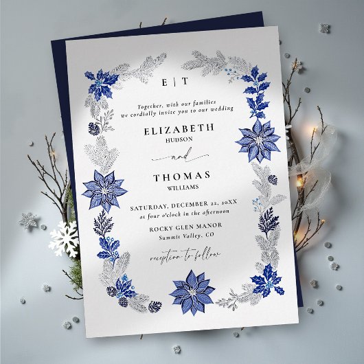 ウィンター・クリスマス・ネイビーブルーの植物の結婚式 箔招待状