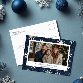 ウィンター・スノーフレーク・ボーダー・ネイビークリスマス写真 シーズンポストカード