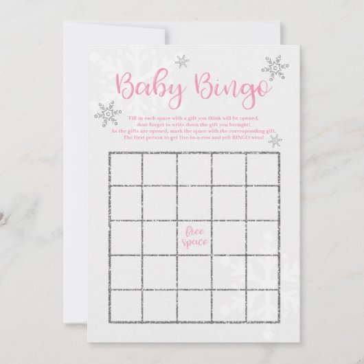 ウィンター ピンクとシルバーの雪の結晶 赤ちゃんビンゴ 招待状 (正面)