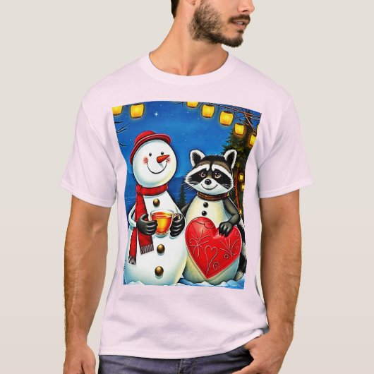 ウィンター フレンズ: 雪だるま & アライグマ ジョイ デザイン Tシャツ (正面)
